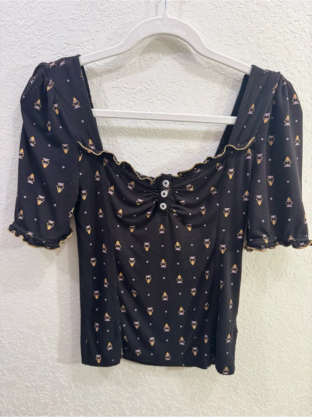 Free People Black Floral Puff Sleeve Ruched Top Womens Small Boho